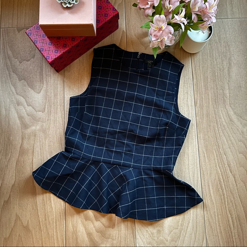J. Crew Wool Peplum Work Top Navy Blue Window Pane Size 4